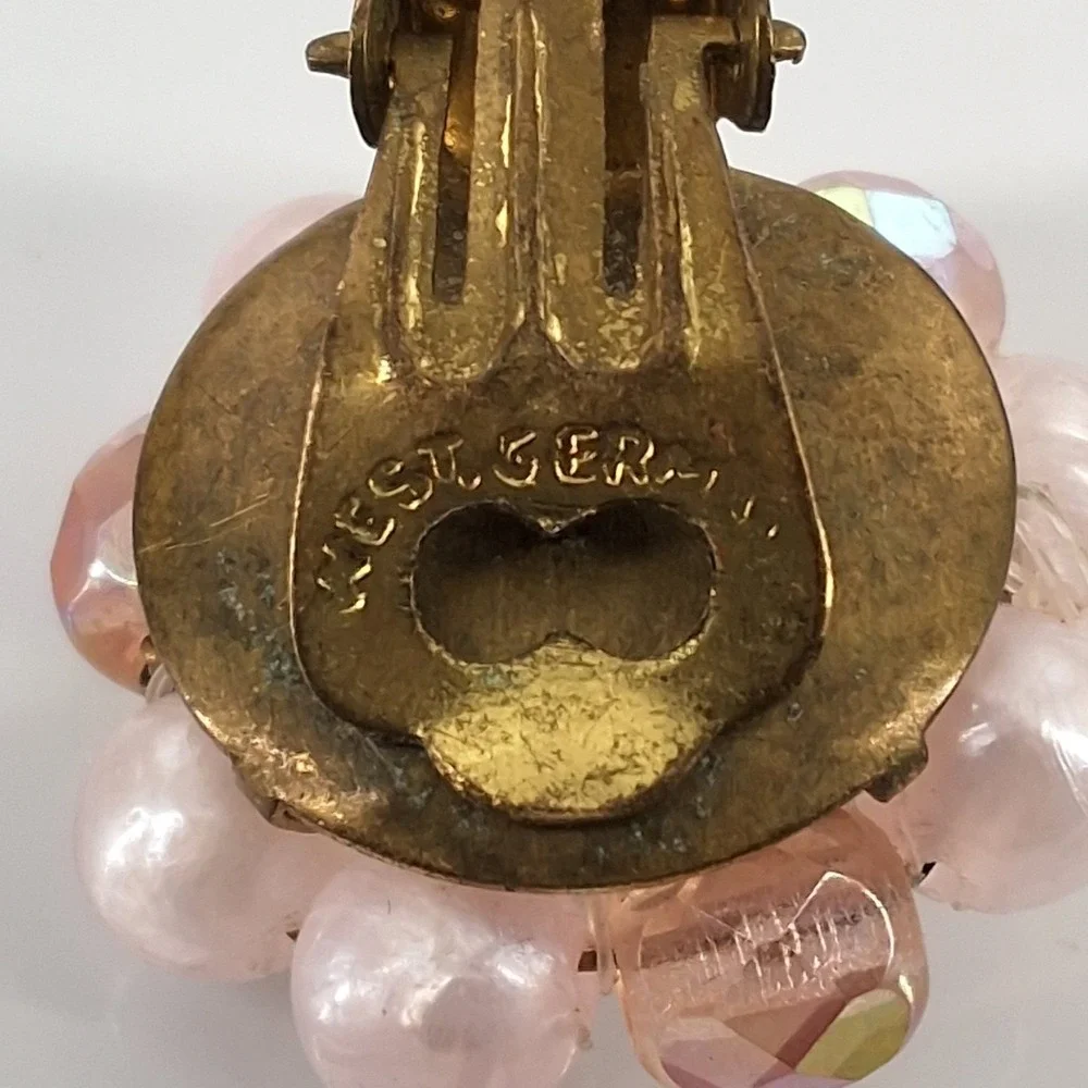 Vintage West Germany Pink Faux Pearl & AB Crystal Cluster Clip On‎ Earrings